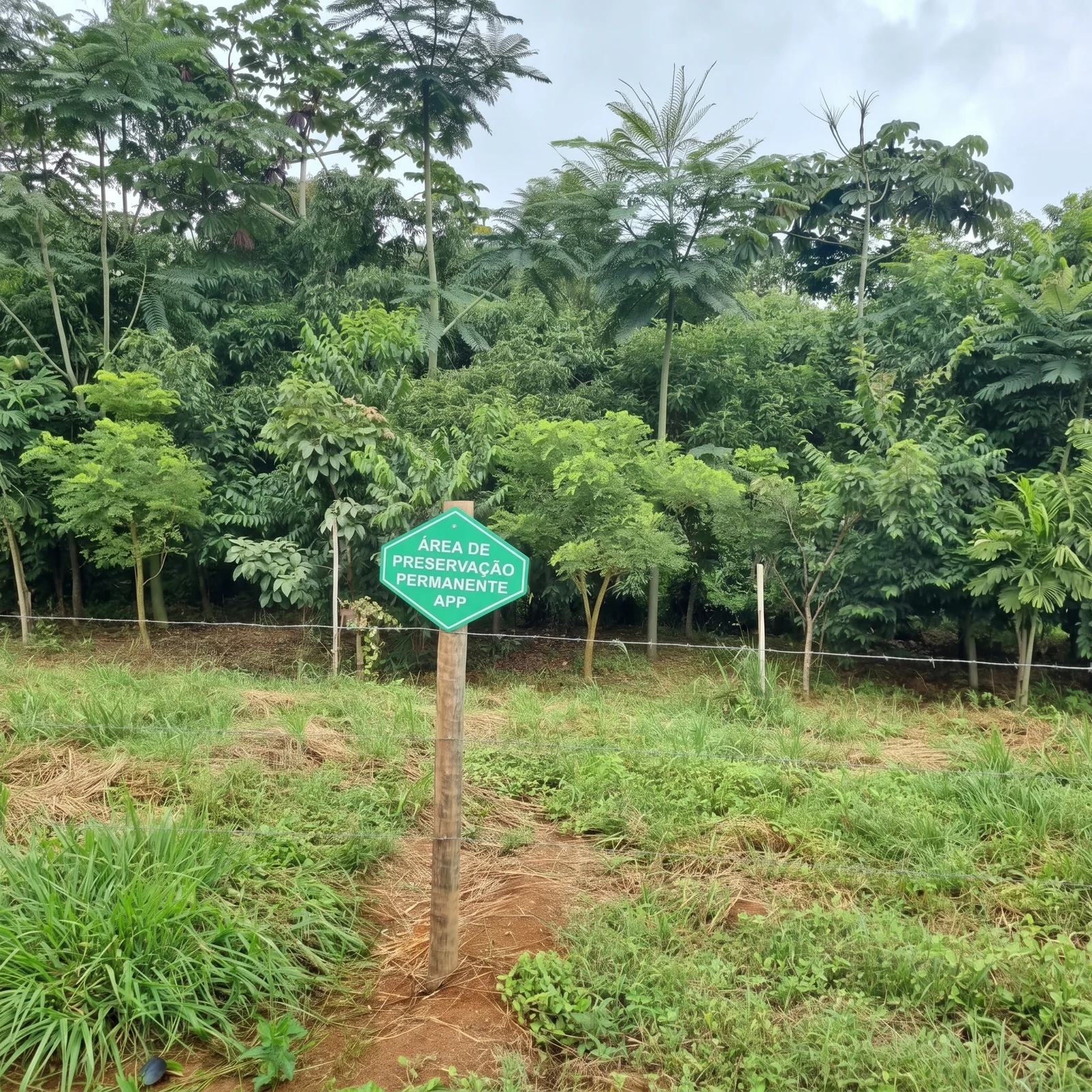 Placa de Área de Preservação Permanente (APP) e demarcação de conservação florestal