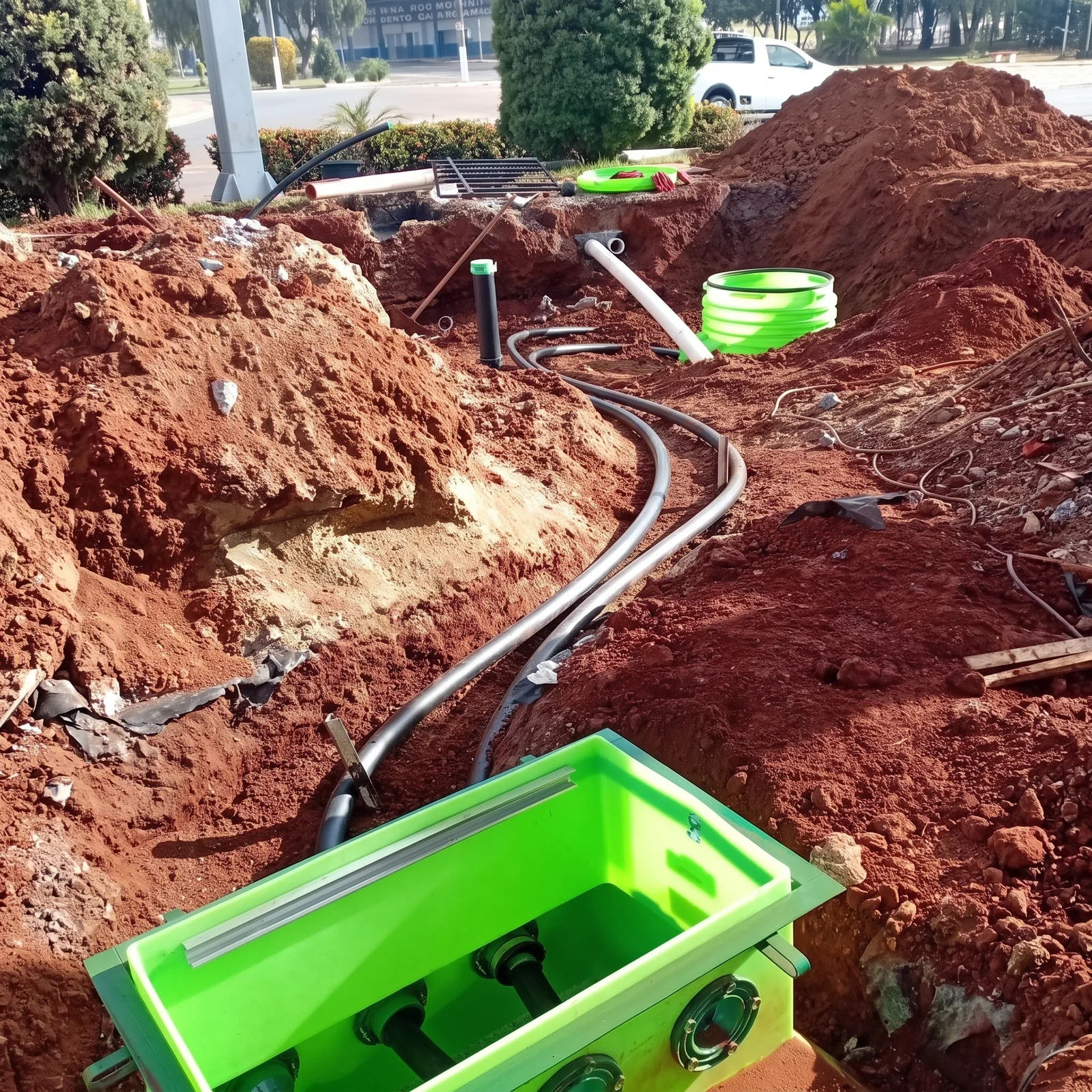 Obras de infraestrutura e tubulações para sistemas subterrâneos de combustíveis